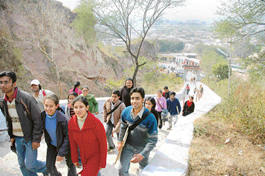 Students take part in heritage walk at Jayanti Devi Temple on Saturday.