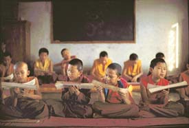 Young novices memorise the scriptures as part of their curriculum. The earliest Buddhist texts were xylographed on birch barks which are preserved in many of the monasteries