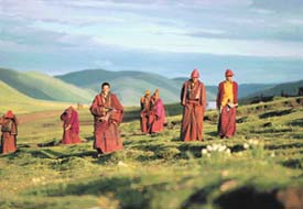 Nomad monks at the Talok monastery, Tibet. Monks often cross mountain passes on foot, walking through snow and sleeping outdoors, sustaining themselves only on barley flour, butter tea and faith in the Buddhist path