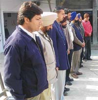 Officers of various government offices of Ahmedgarh pay tributes to Mahatma Gandhi at Sanatan Vidya Mandir Senior Secondary School on Monday