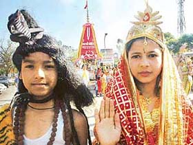 Children dress up as mythological characters during the Jagannath Rath Yatra organised at Panchkula