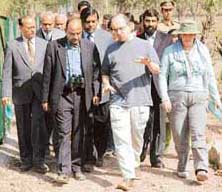 Mr Jim Knight (centre) accompanied by officials of the Forest Department, Haryana, and the Bombay Natural History Society, visits the Vulture Conservation Breeding Centre, near Pinjore, on Saturday.