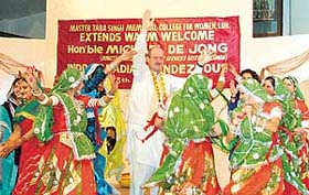 Mr Micheal De Jong, Minister for Labour and Citizen Services of British Columbia, joins students of Master Tara Singh Memorial College for Women in a Rajasthani dance at an Indo-Canadian rendezvous held in Ludhiana