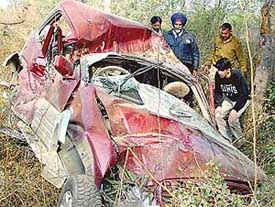 A Scorpio jeep that collided with a scooter and turned over near the Rajpura-Patiala bypass on Monday morning.