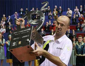 Croatias Ivan Ljubicic holds the trophy after beating Austrias Stefan Koubek in the final of the ATP Zagreb Indoors Tennis Tournament in Zagreb, Croatia