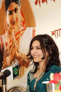 Actress Soha Ali Khan talks to mediapersons after she was announced the brand ambassador of a leading jeweller at Agartala in Tripura on Tuesday.