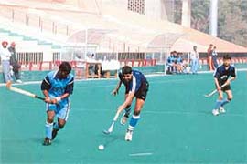 The match between Haryana and Andhra Pradesh in progress at Hockey Stadium, Sector 42, during the u-17 National Hockey meet