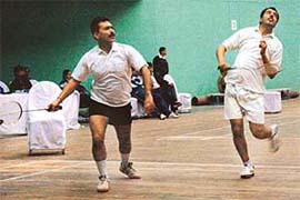 Surinder and Rajan of Punjab in action during the 20th All-India Postal Badminton Tournament held at Tau Devi Lal Sports Complex, Sector 3, Panchkula