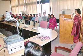 Dr Shashi Jain, Principal of Dev Samaj College for Women, speaks during a presentation at Government College, Sector 46, Chandigarh