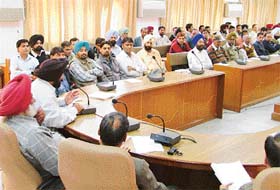 Members of the Sanchar Nigam Executive Association during the general body meeting of the association in Ludhiana