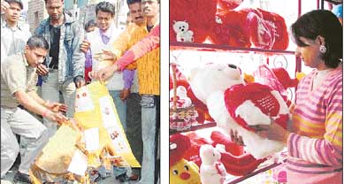 Shiv Sena activists burn Valentine's Day cards at Baba Than Singh Chowk in Ludhiana on Sunday; and a girl has a look at a soft toy on display in a store in Ludhiana stocking gifts for Valentines Day