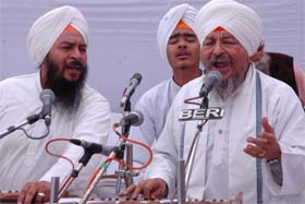 The ragi jatha of Bhai Harbans Singh Jagadhari Wale performs kirtan at Sri Guru Ravi Dass Bhavan in Jalandhar on Monday on the occasion of the Gurus birth anniversary