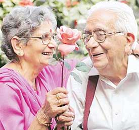 Octogenarian couple Tara and Jagdish celebrate Valentines Day in Sector 11 of Chandigarh on Tuesday.