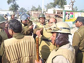 Karnal DC Rakesh Gupta and SP Sibash Kaviraj visit Mehmadpur village on Tuesday.