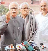 Members of the NDA delegation address a press conference after meeting President APJ Abdul Kalam on the issue of communalisation in the Army by the UPA at Rashtrapati Bhavan in New Delhi on Tuesday.