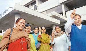 Congress councillors in a jubilant mood after voting out the MC President, Mr Tarun Bhadari, in Panchkula on Wednesday.