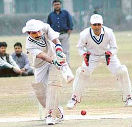 Vikas of East Zone plays a shot during the Nabotsav sports meet cricket final against Mumbai at Panjab University in Chandigarh on Wednesday.