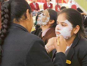 Students of Budha Dal Public School participate in a mask-making workshop at the Patiala Heritage Festival at Sheesh Mahal