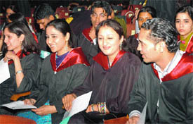 Students of the Apeejay College of Fine Arts after receiving their degrees at the annual convocation in Jalandhar on Friday
