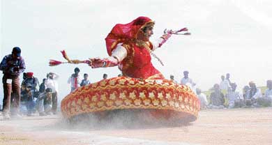 Rajasthani dancers perform at the concluding function of Kila Raipur games on Sunday