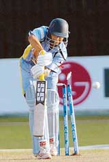 Indian captain Ravikant Shukla is bowled by Pakistans Jamshed Ahmed during the ICC Under-19 World Cup final in Colombo on Sunday