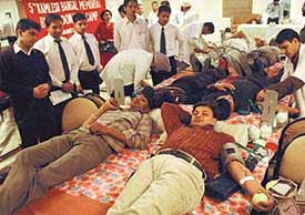 Donors at a blood donation camp organised by the Kamlesh Bansal Foundation at Hotel GK International, Chandigarh, on Monday. 