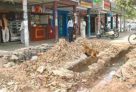A pit dug up by a telecommunication company lies unattended for the past more than two months in the market of Sector 19-D, Chandigarh.