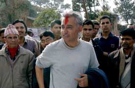 Nepali Congress party youth leader Shashank Koirala, uncle of Indian actress Manisha Koirala, addresses media representatives outside a courthouse in Kathmandu on Monday, following his release from custody together with four others by Kathmandu District Court