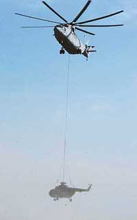 A MI-26 helicopter carries a MI-17 helicopter on the Markanda river near Damli village in Kurukshetra on Wednesday.