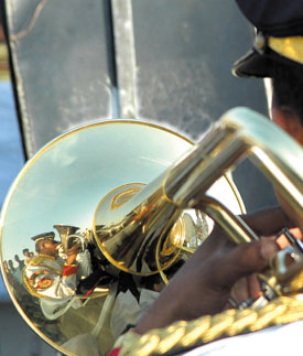 Delhi Police personnel showing their band skills on the last day of Delhi Police Week at India Gate in the Capital on Wednesday. 
