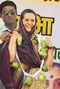 Congress President Sonia Gandhi is garlanded with Alphonso mangoes, well-known in the Konkan region, at a public meeting on her maiden visit to Malwan in Konkan district
