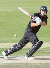 Daniel Vettori of the New Zealand plays a shot during 2nd one-day against the West Indies in Queenstown on Wednesday. 