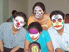Students with painted faces at GJIMT, Phase 2, Mohali, on Wednesday