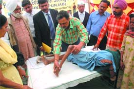 An orthopaedic expert examining a child at a Sarv Shiksha Abhiyan camp in Kapurthala on Wednesday. 