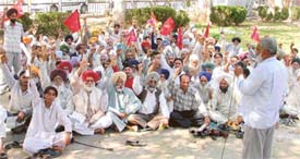 Farmers stage a dharna in front of the Mini-Secretariat in Ludhiana on Thursday