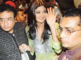 Actor Shilpa Shetty waves to fans at a function in Ludhiana on Thursday night