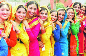 The team from Patialas Government Polytechnic for Women pose after winning the giddha contest in the Inter Polytechnic Youth Festival in Jalandhar on Saturday