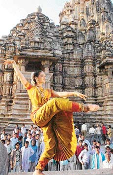 Rukmini Vijaykumar from Bangalore performs Bharatnatyam against the backdrop of Kandariya Temple