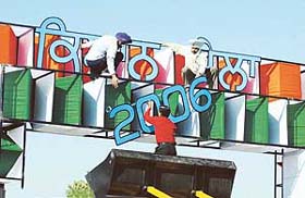 Stalls being set up on the eve of a kisan mela at the PAU in Ludhiana