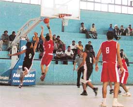 A match between Ludhiana and Hoshiarpur in progress during the Punjab State Senior Basketball Championship in Ludhiana on Thursday