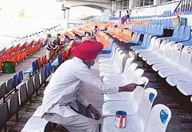 Finishing touches being given to the PCA Stadium for the forthcoming second Test match between India and England to be held at the stadium on March 9