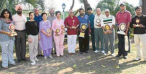 Winners of the golf tournament organised by the Indian National Trust for Art and Culture Heritage, Chandigarh Chapter, at the Golf Club, Chandigarh, on Saturday. 