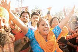 Sikhs raise slogans at Barara in Ambala on Saturday.