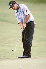 Shiv Kapur makes a putt on day three of the Enjoy Jakarta HSBC Indonesia Open at the Emerala Golf Club