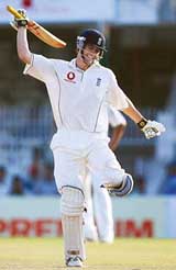 Englands Alastair Cook celebrates after scoring a century on his Test debut on the fourth day of the first Test against India at the VCA Cricket Ground 
