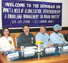 Dr Amanpreet Chinna, Mr R.S. Dhaliwal, Dr S.K.Chadha and Mr Hardyal Singh Cheema at a seminar in Chandigarh Engineering College, Landran, on Monday