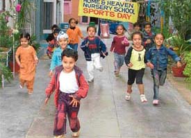Students of Home and Heaven Nursery School, Ludhiana, take part in the 26th annual sports day of the school on Monday