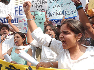 Law students protesting against the Delhi Police on the issue of the Jessica Lal murder case at Jantar Mantar in New Delhi on Tuesday.