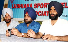 Amrik Singh Minhas, president of the Ludhiana Sportsmen Welfare Association, flanked by Kulwant Singh and Harminder Pal Singh at a meeting of the association in Ludhiana