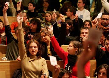 French students vote for the blockade of their university in Arras, northern France